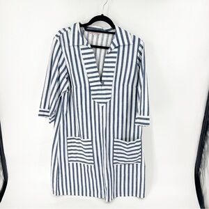 ✅ KAYCE HUGHES COTTON STRIPED DRESS BLUE/WHITE SIZE 14 POCKETS